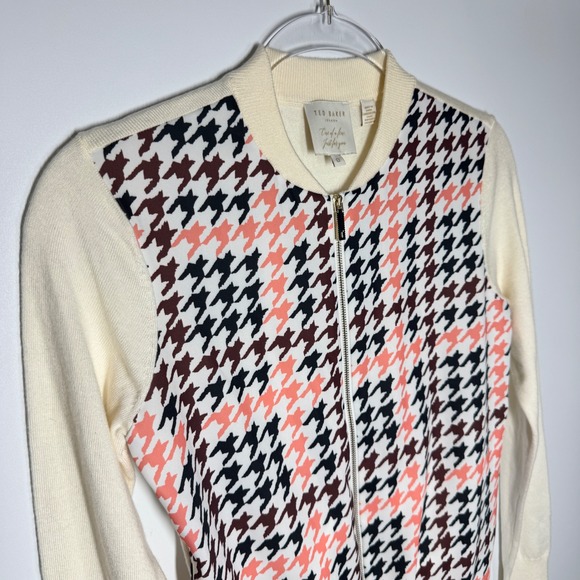 Ted Baker London Houndstooth Zip Front Knit Bomber Cardigan US XS (Ted Baker 0) - Picture 4 of 9